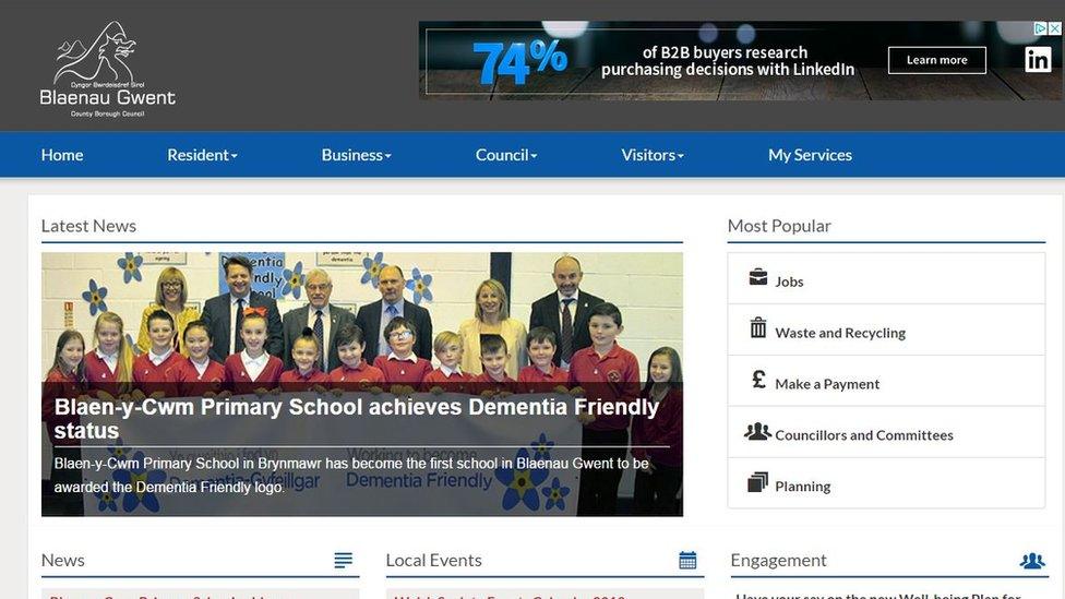 a screen grab of Blaenau Gwent council's page with adverts