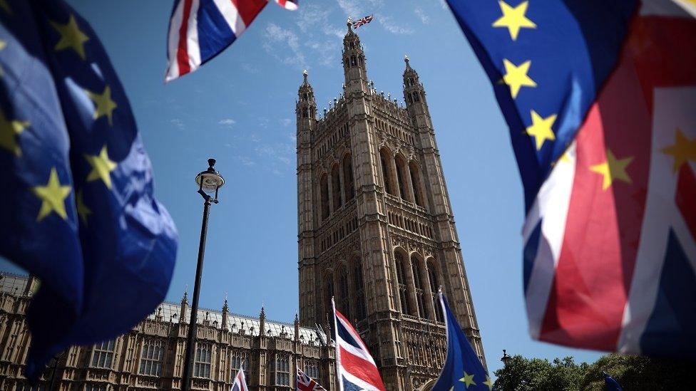 EU and Union flags frame a view of the Houses of Parliament