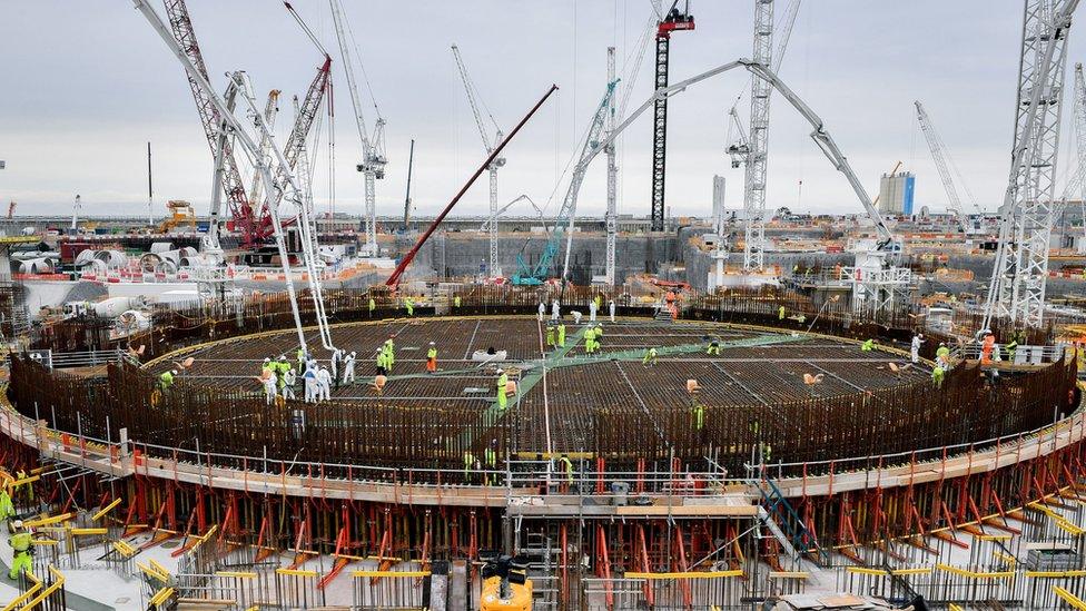 The base for the first reactor at Hinkley Point C power station being constructed