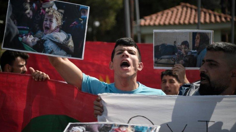 Syrian Kurd refugees protest at the Ritsona camp in Greece