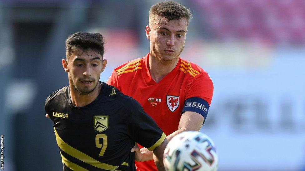 Wales' Ryan Astley in action against Gibraltar in a Uefa European Under-21 Championship Qualifying game in Llanelli in nJune 2022.