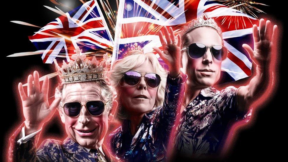 An AI image of the King, Queen and Prince of Wales wearing sunglasses and waving, generated by the Australian Republican movement