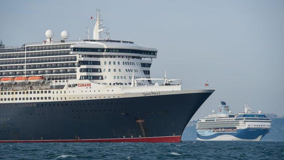 Redundant cruise ships moored in Weymouth bay in 2020.