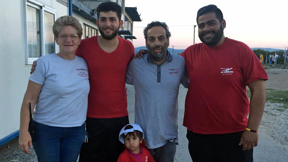 Lisa Campbell with residents of the camp