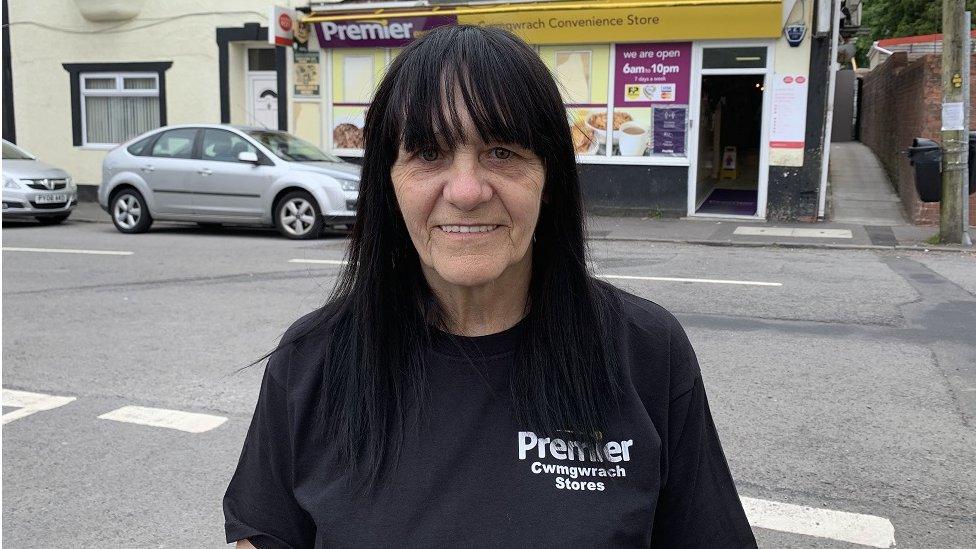 Margaret outside the village shop in Glynneath