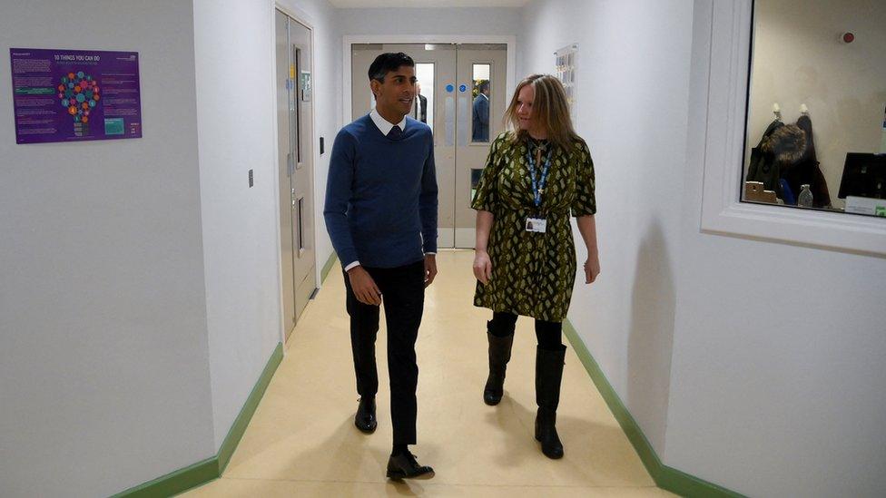 Rishi Sunak with Anne Rackham, Director of Mental Health at Northamptonshire Health Trust at Berrywood Hospital in Northampton