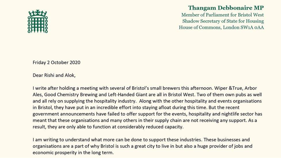 Bristol West MP Thangam Debbonaire's letter