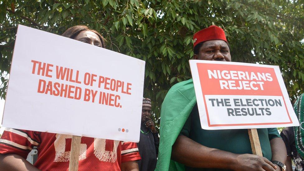 Group of people mostly youths protesting against the outcome of the 2023 Presidential election, this comes after the presidential candidate of the All Progressive Congress (APC) Bola Tinubu as president-elect was declared winner of the presidential election by the Independence National Electoral Commission in Abuja, on March 1, 2023.