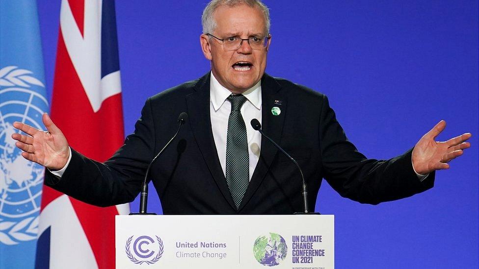 Scott Morrison, Prime Minister of Australia speaks as National Statements are delivered on day two of the COP 26 United Nations Climate Change Conference at SECC on November 01, 2021 in Glasgow, Scotland