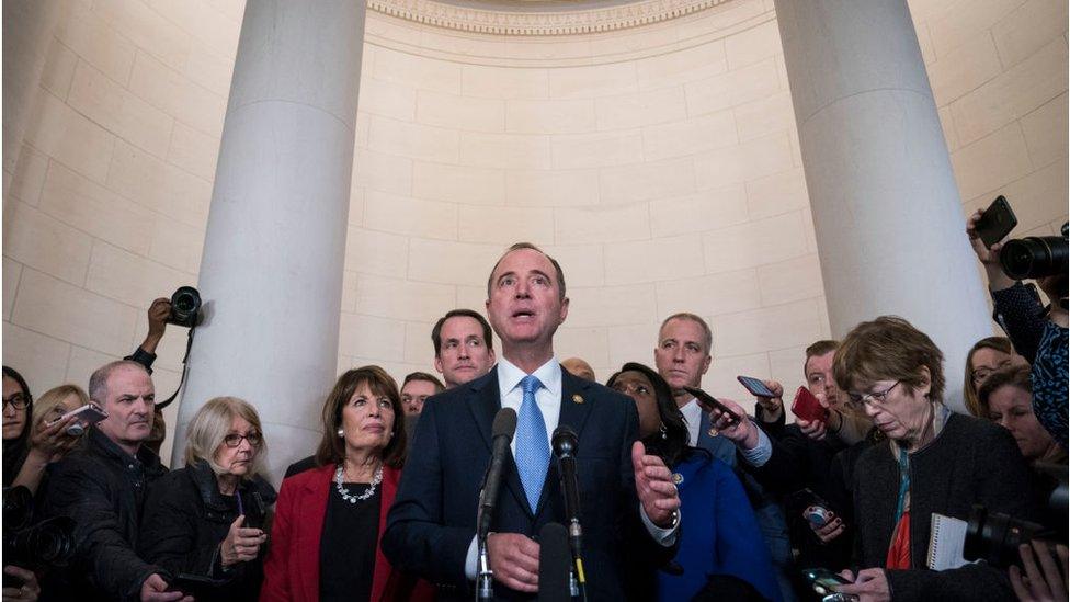 Adam Schiff, a Democrat from California and chairman of the House Intelligence Committee, answers questions from members of the media after a House Intelligence Committee