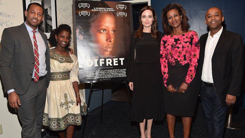 Meaza Ashenafi, actress Tizita Hagere, executive producer Angelina Jolie, director Zeresenay Mehari and producer Leelai Demoz attend the 2014 Variety Screening Series of 'Difret' at ArcLight Hollywood on December 9, 2014 in Hollywood, California.