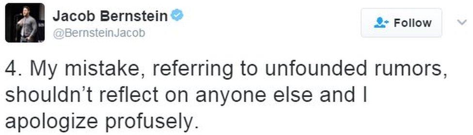 Tweet by Jacob Bernstein says: My mistake, referring to unfounded rumors, shouldn't reflect on anyone else and I apologize profusely.