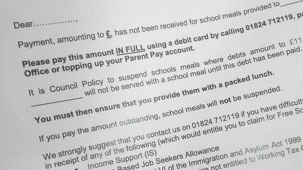 Draft letter by Denbighshire council seeking to recover school meal debts