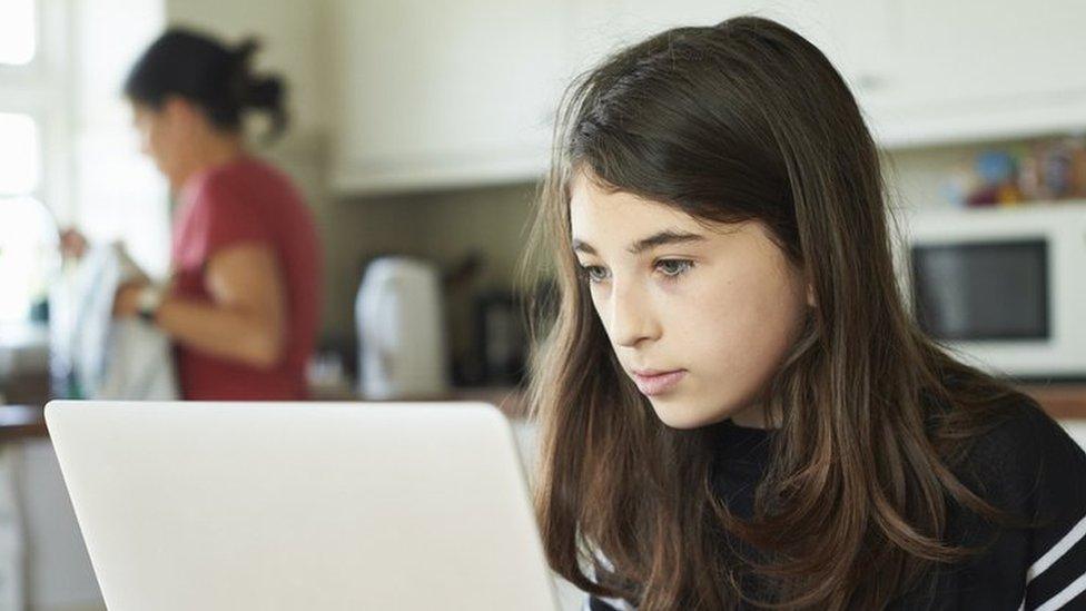 child on laptop being home schooled