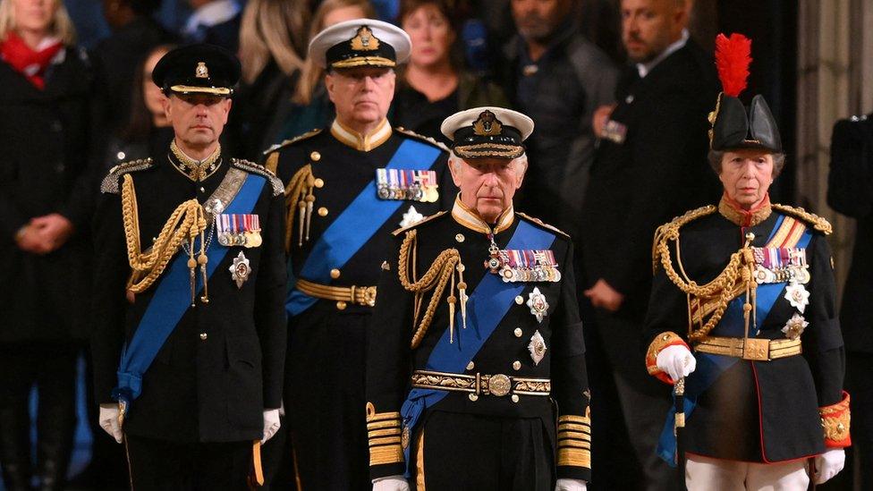 King Charles III, Britain's Princess Anne, Princess Royal, Britain's Prince Andrew, Duke of York, and Britain's Prince Edward, Earl of Wessex hold a vigil around the coffin of Queen Elizabeth II on 16 September 2022