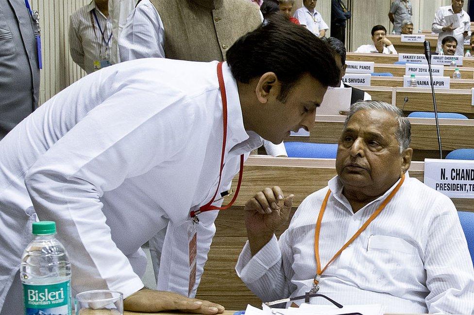 Chief Minister Akhilesh Yadav (left) with father Mulayam Singh Yadav