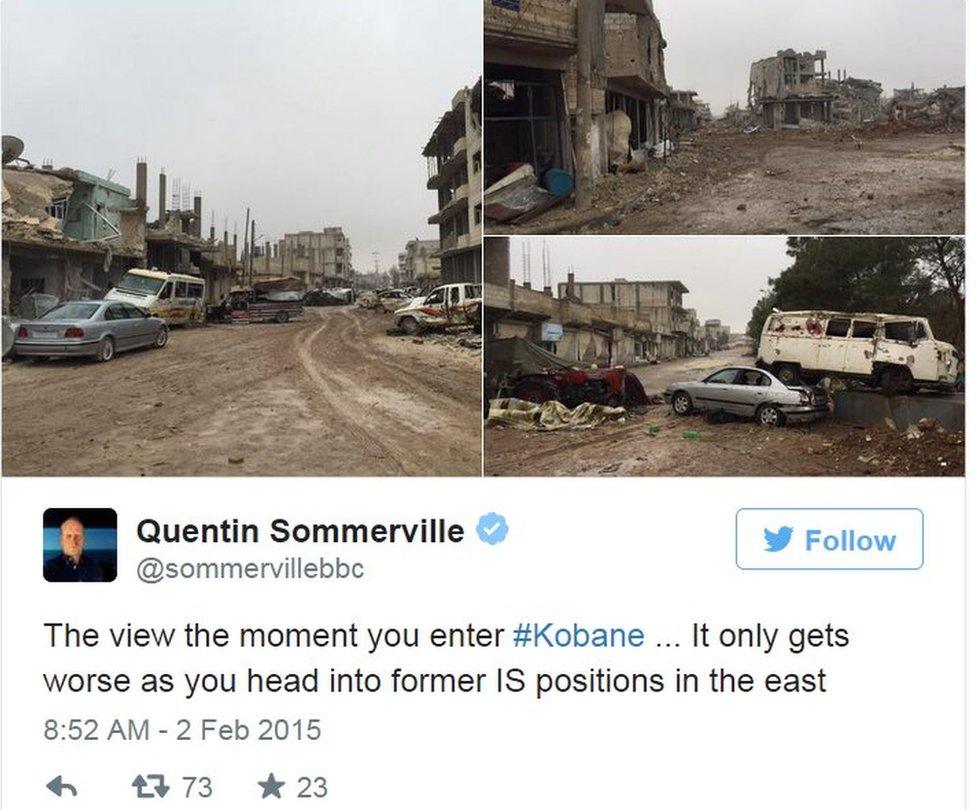 Tweet by BBC correspondent Quentin Sommerville showing images of damage inside Kobane, Syria