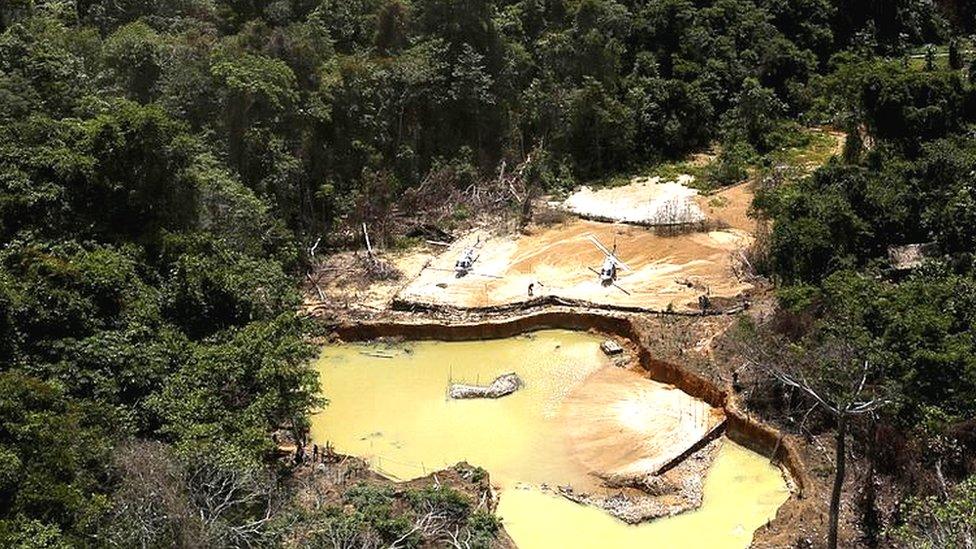 An illegal gold mine on indigenous land in the heart of the Amazon rainforest, in Roraima state, Brazil