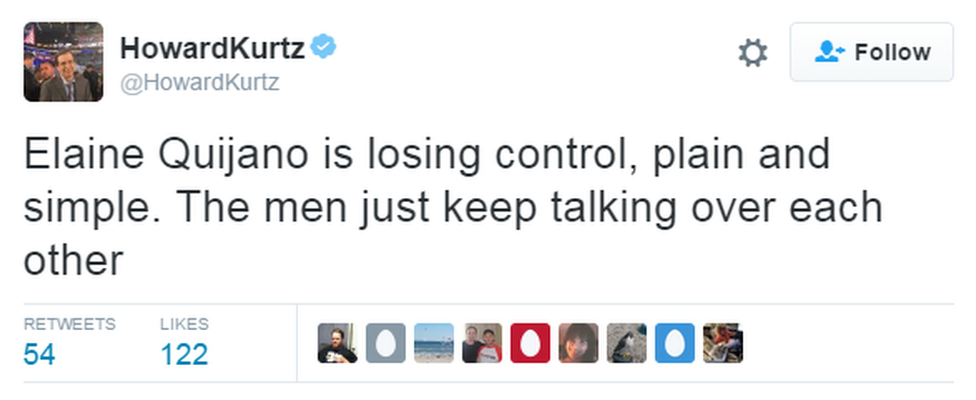 Tweet saying: "Elaine Quijano is losing control, plain and simple. The men just keep talking over each other".