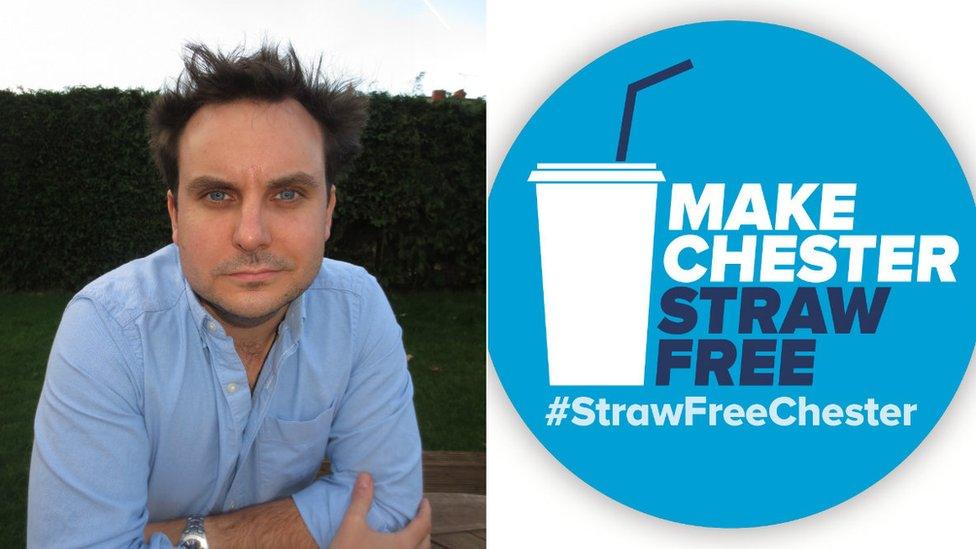 Dr Christian Dunn and the #StrawFreeChester logo