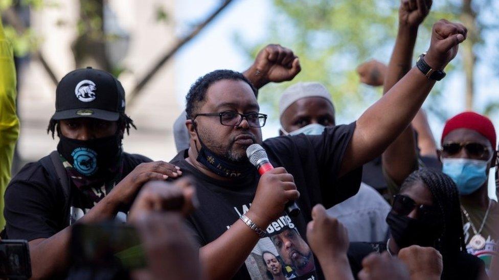 Jacob Blake's father speaks to a crowd gathered at Civic Center Park, in Kenosha, Wisconsin