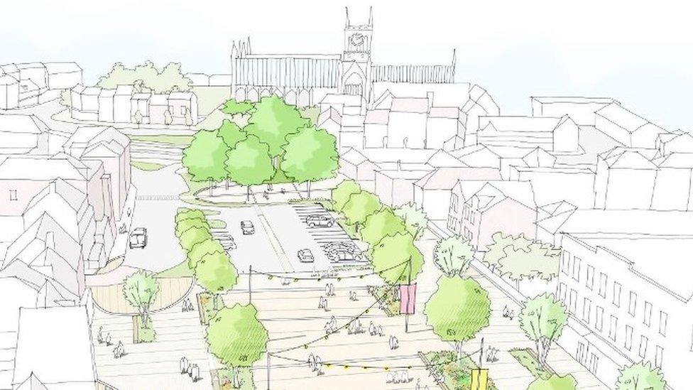 An artist's impression of the regeneration of Great Yarmouth town centre, showing more trees and greenery