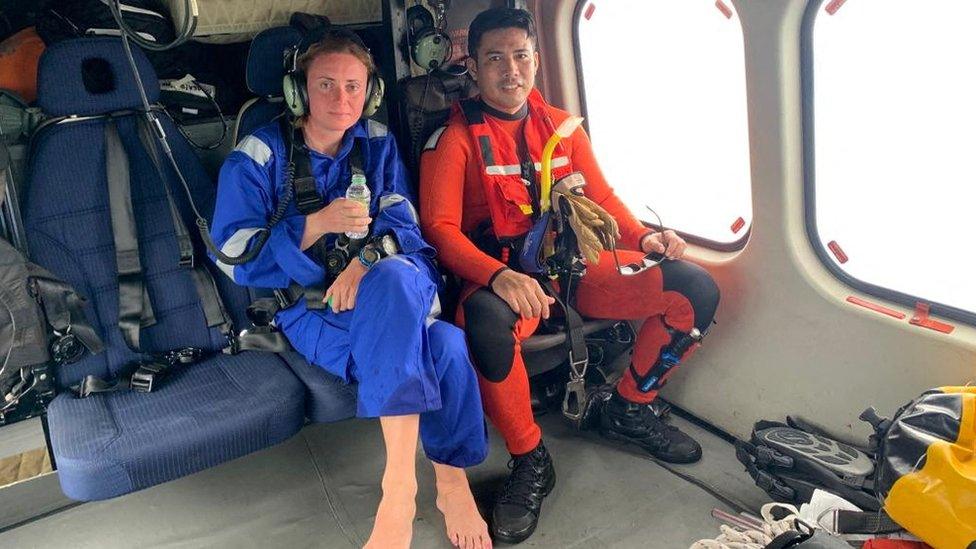 Diving instructor Kristine Grodem transferred in a helicopter to Mersing