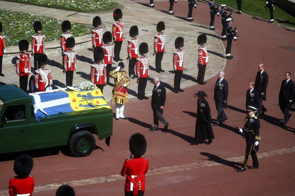 Princess Anne, Princess Royal, Prince Charles, Prince of Wales, Prince Andrew, Duke of York, Prince Edward, Earl of Wessex, Prince William, Duke of Cambridge, Peter Phillips, Prince Harry, Duke of Sussex, Earl of Snowdon David Armstrong-Jones and Vice-Admiral Sir Timothy Laurence follow Prince Philip, Duke of Edinburgh's coffin during the Ceremonial Procession during the funeral of Prince Philip, Duke of Edinburgh at Windsor Castle on April 17, 2021 in Windsor, England.