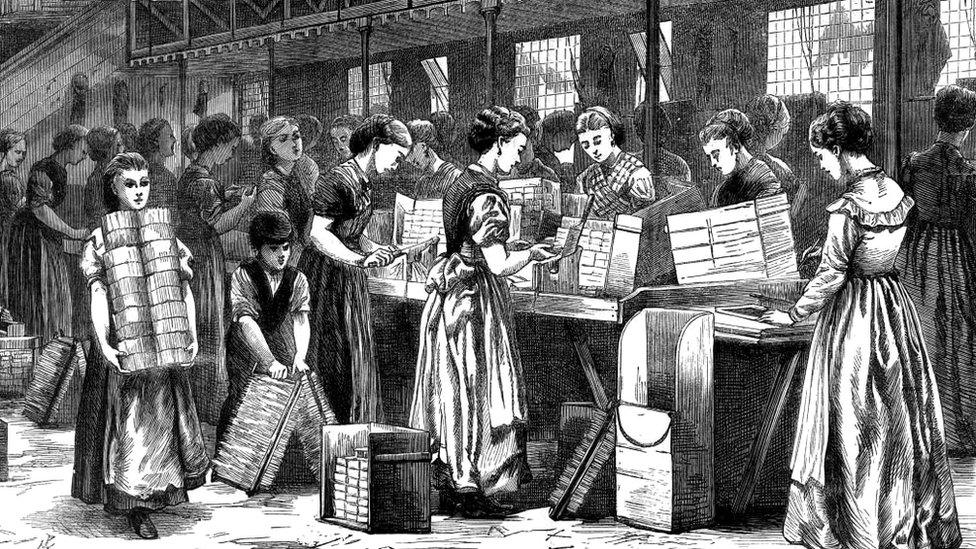 Women and girls and a young boy at work in Bryant & May's match factory