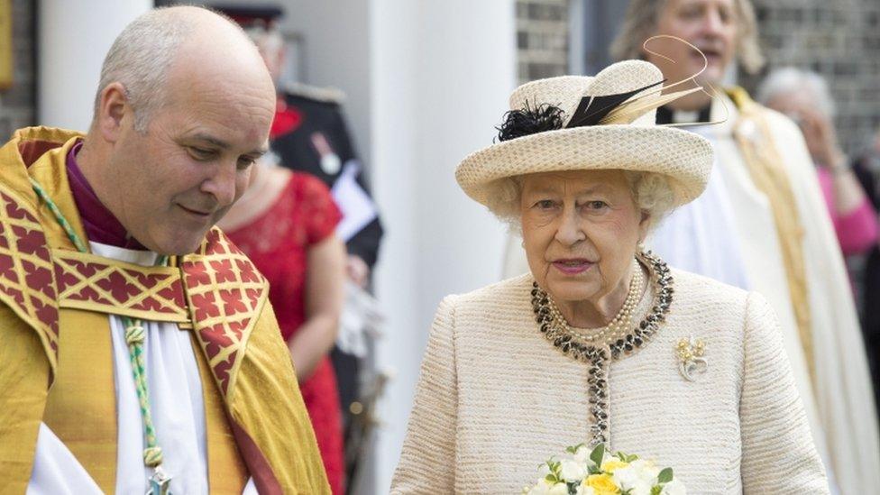 The Right Reverend Stephen Cottrell and Queen Elizabeth II during her visit to Chelmsford;s cathedral church of St Mary the Virgin, St Peter and St Cedd in Essex