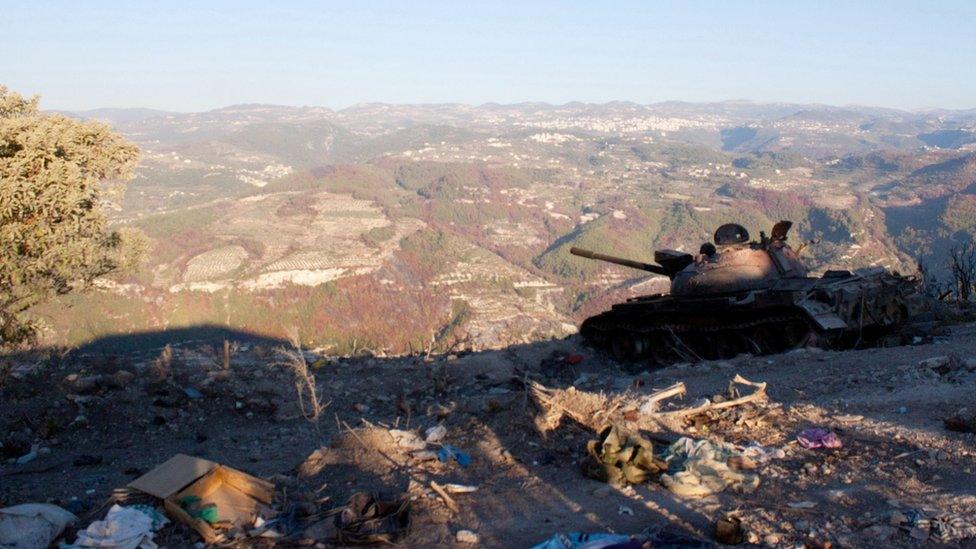 Burned-out Syrian army tank in the Jabal al-Akrad region of Latakia province, Syria (14 September 2012)