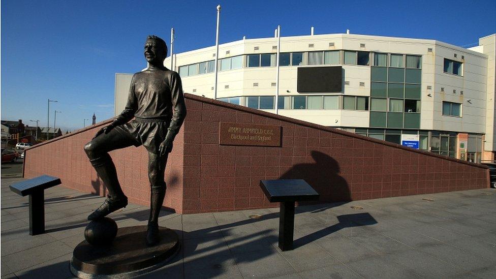 Jimmy Armfield statue outside Blackpool FC'S ground on Bloomfield Road