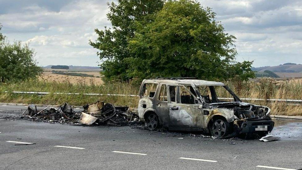 A car and a caravan was completely destroyed by a fire on the A303