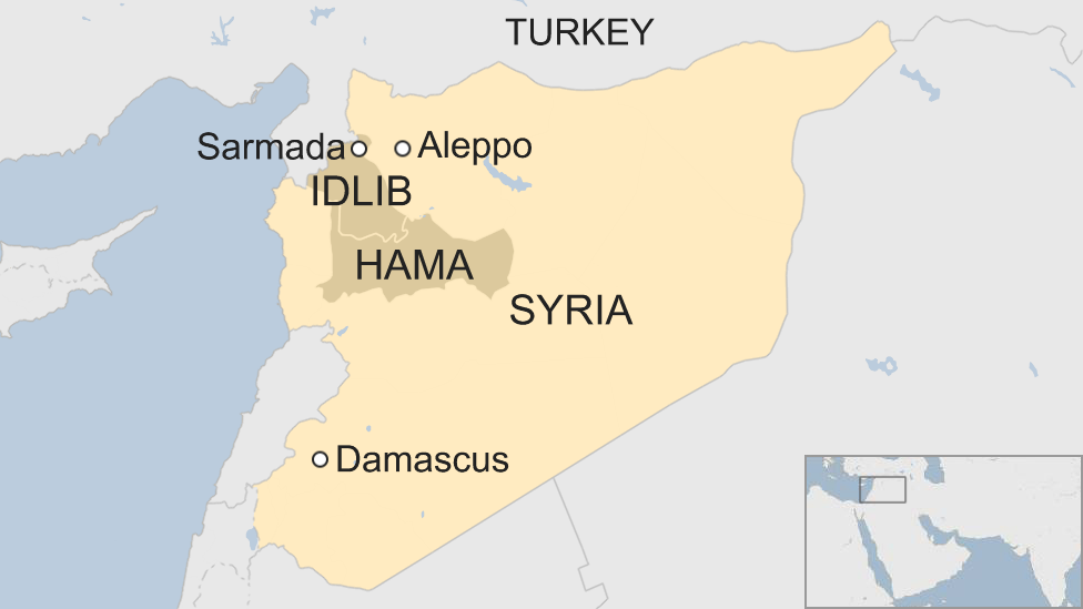 Map of Syria showing location of Sarmada, Idlib province