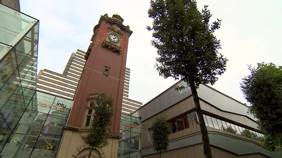 Nottingham shopping centre with clock tower