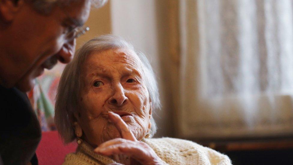 Emma Morano, 117 years old, talks with her physician, Carlo Bava, in the day of her birthday in her home in Verbania