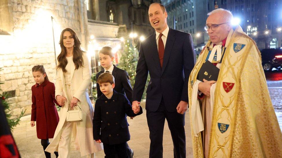 The Prince and Princess of Wales and their children arrive with the Dean of Westminster Abbey