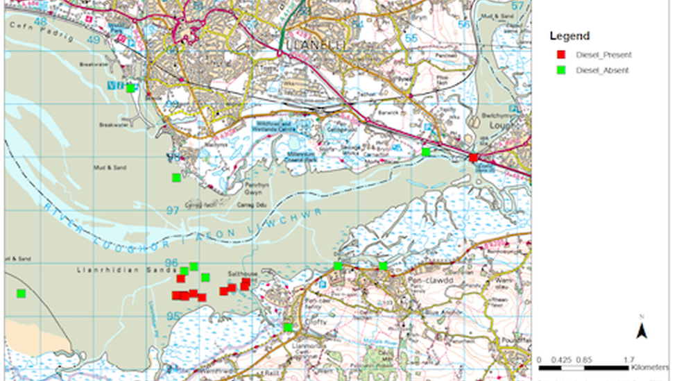 Map showing the observed presence of diesel in the Loughor Estuary on 29 August 2020