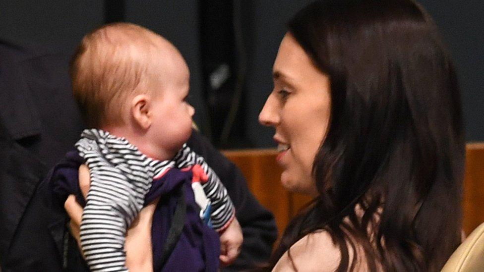 Jacinda Ardern holds her daughter Neve