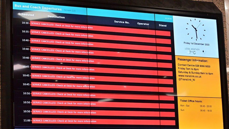 Board displaying service cancellations at the Europa depot