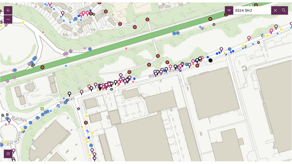 Essex Highways' website shows how many defects have been reported on Miles Gray Road.