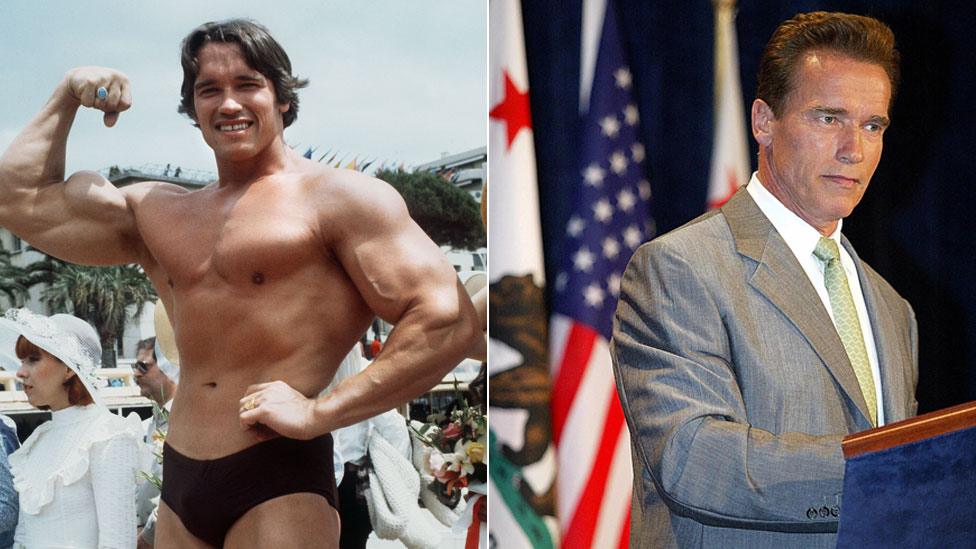 Arnold Schwarzenegger posing in 1977 and in 2003 as governor