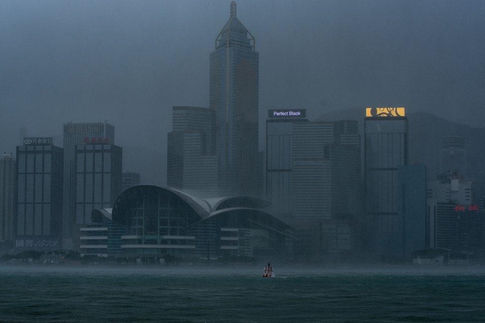 Victoria Harbour during the approach of super Typhoon Mangkhut to Hong Kong on September 16, 2018