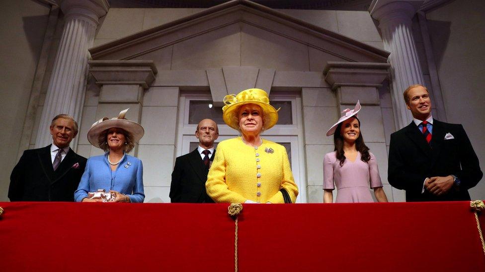 Madame Tussauds unveils its new royal balcony experience featuring wax figures of Britain's Prince Charles and his wife Camilla, Britain's Queen Elizabeth and Prince Philip and Britain's Prince William, Duke of Cambridge and Catherine, Duchess of Cambridge, in London