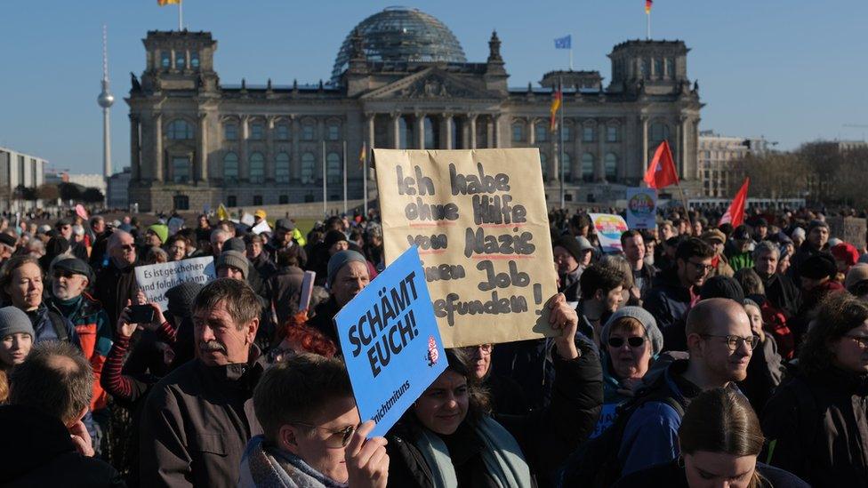 Protesters outside the Chancellery in Berlin