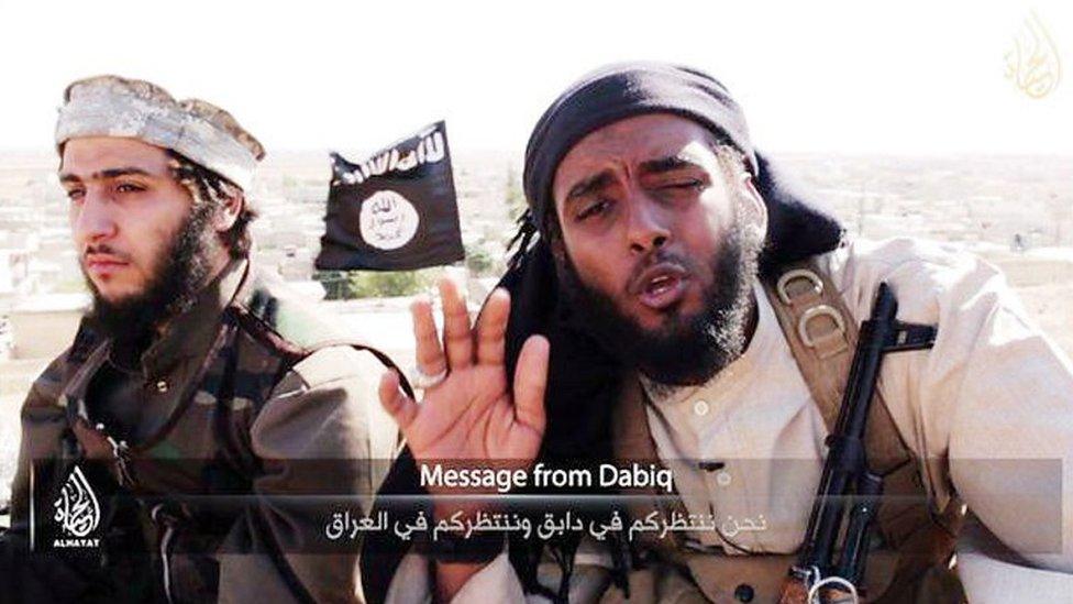 Still from IS recruitment video filmed in Dabiq, featuring British fighter (R)