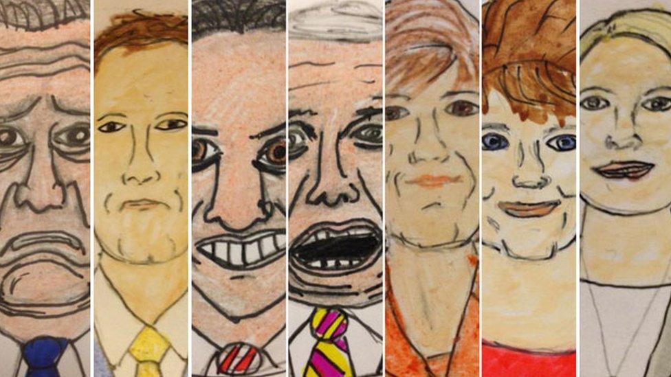 Drawings of (left to right) David Cameron, Nick Clegg, Ed Miliband, Nigel Farage, Nicola Sturgeon, Leanne Wood and Natalie Bennett