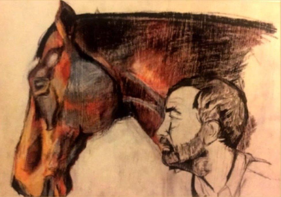 Drawing showing the head of a horse and Mark Needham