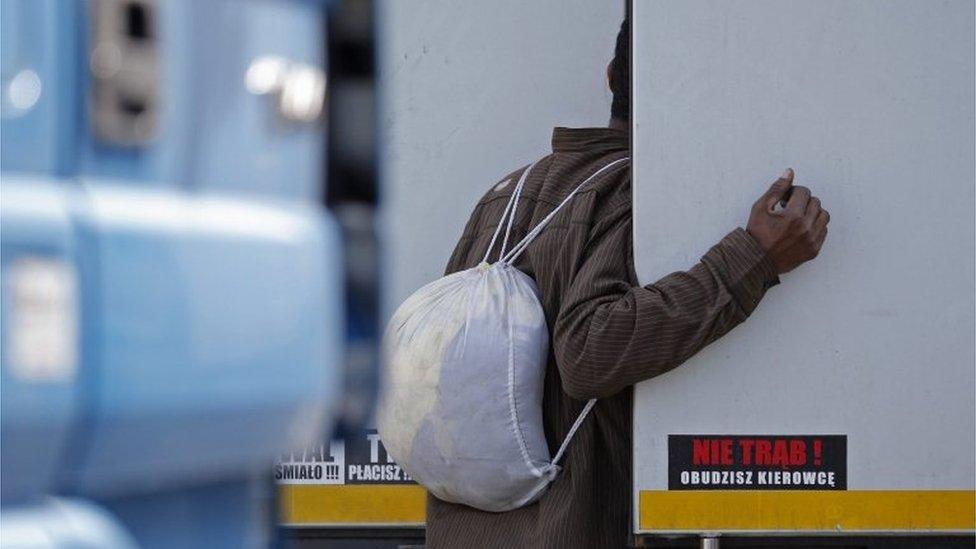 A male migrant looking into a lorry at Calais