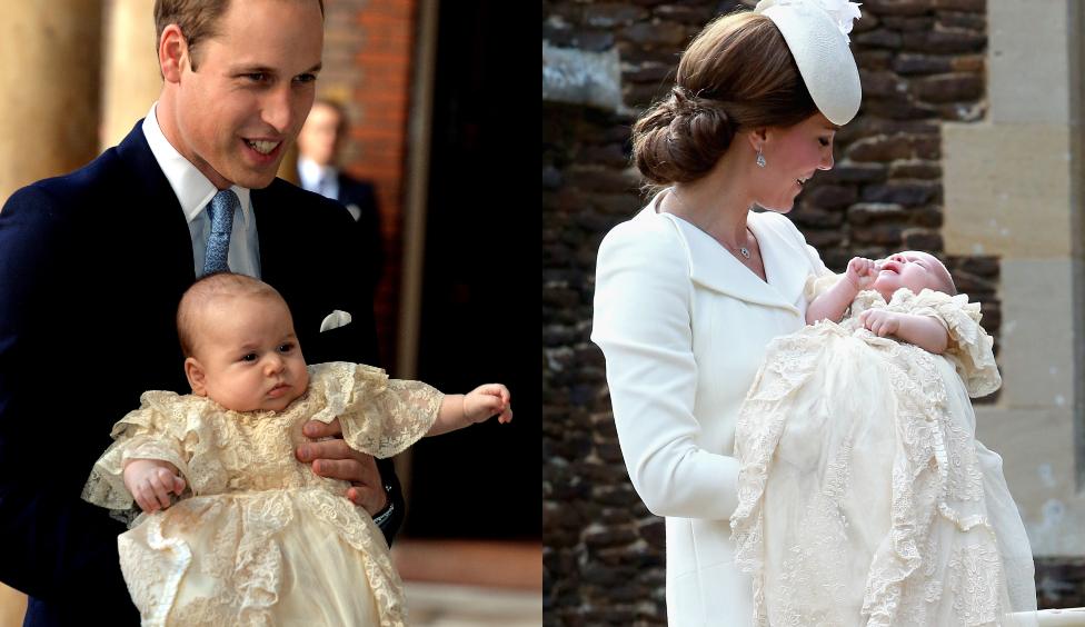 The Duke of Cambridge holds Prince George at his christening in 2013, the Duchess of Cambridge holds Princess Charlotte at her christening in 2015 - both babies are wearing a long, white gown